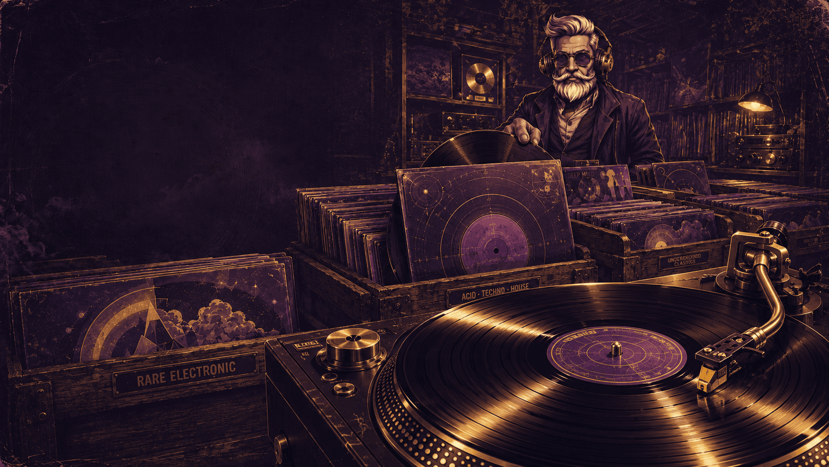 Illustrated underground vinyl archive with turntable, crates, and curator
